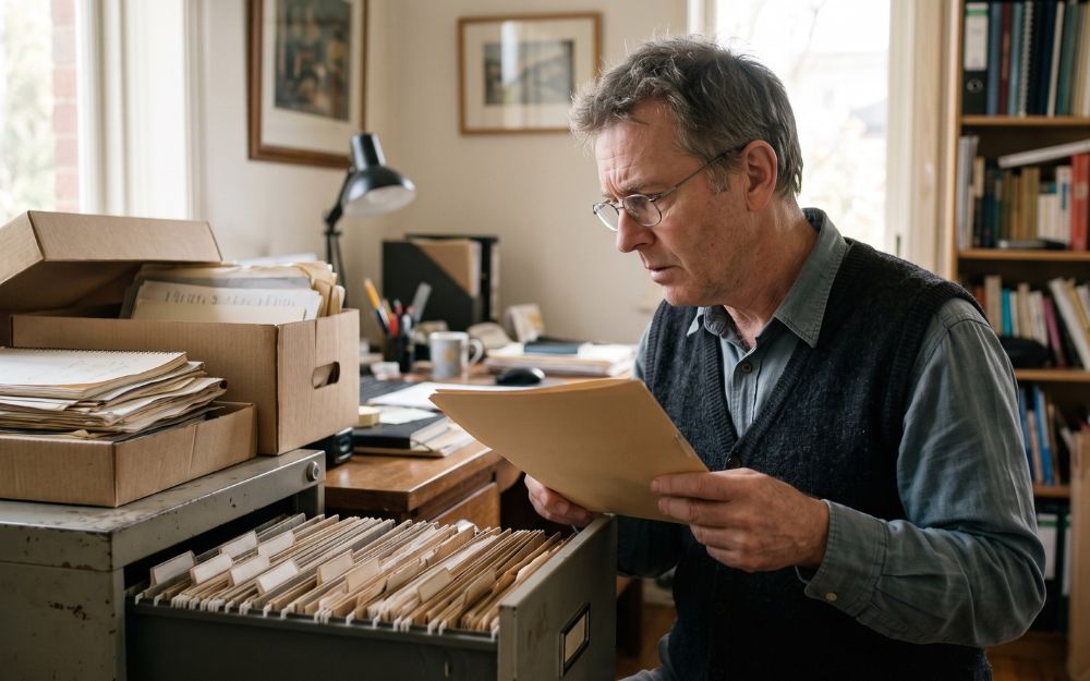 Trustee searching through personal records and filing cabinets for a lost trust deed