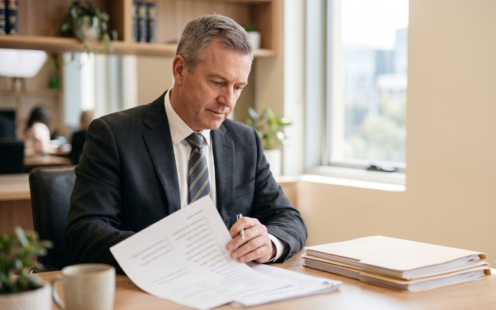 Solicitor carefully reviewing an estate plan checklist, illustrating how to avoid common estate planning errors