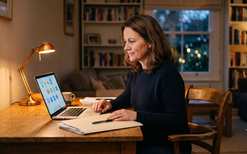 Person organising digital accounts and estate documents at home, illustrating digital assets in estate planning