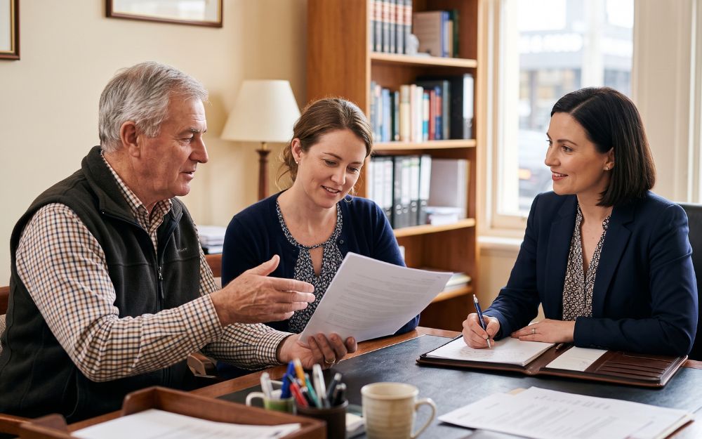 Father and daughter discussing funeral wishes with a solicitor, illustrating how to plan ahead in an estate to avoid family disputes - Funeral Expenses in NSW Estates